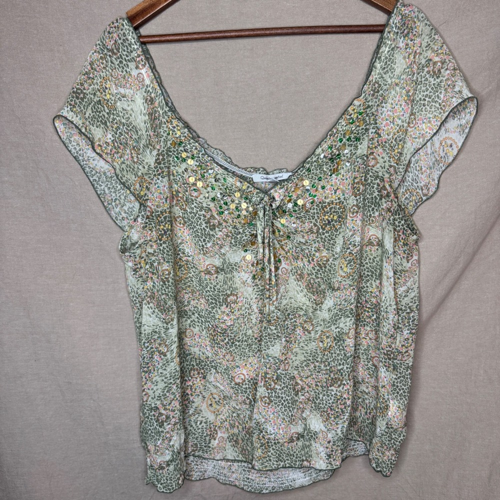 Y2K Green Leopard Floral Sequin Sheer Smocked Blouse Womens Large Boho Top